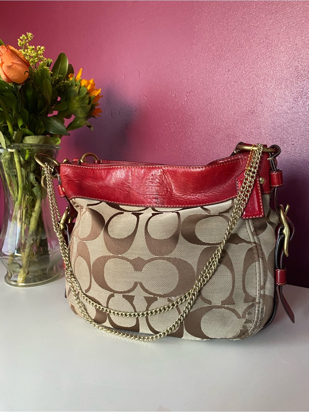 Red Coach Zoe Signature Jacquard Shoulder Bag with Red Leather Trim